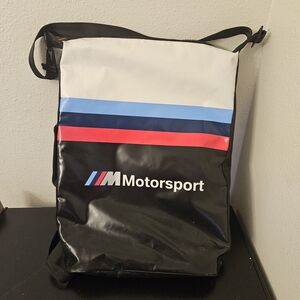 BMW Motorsport Waterproof Black and White Backpack with Blue and Red Stripes